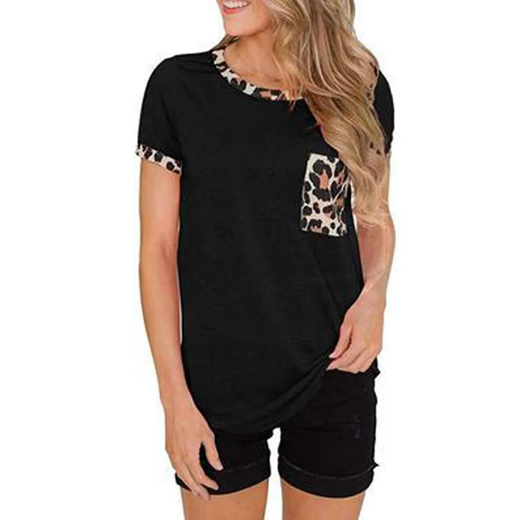 Новая женская летняя футболка с леопардовым принтом и карманами повседневные