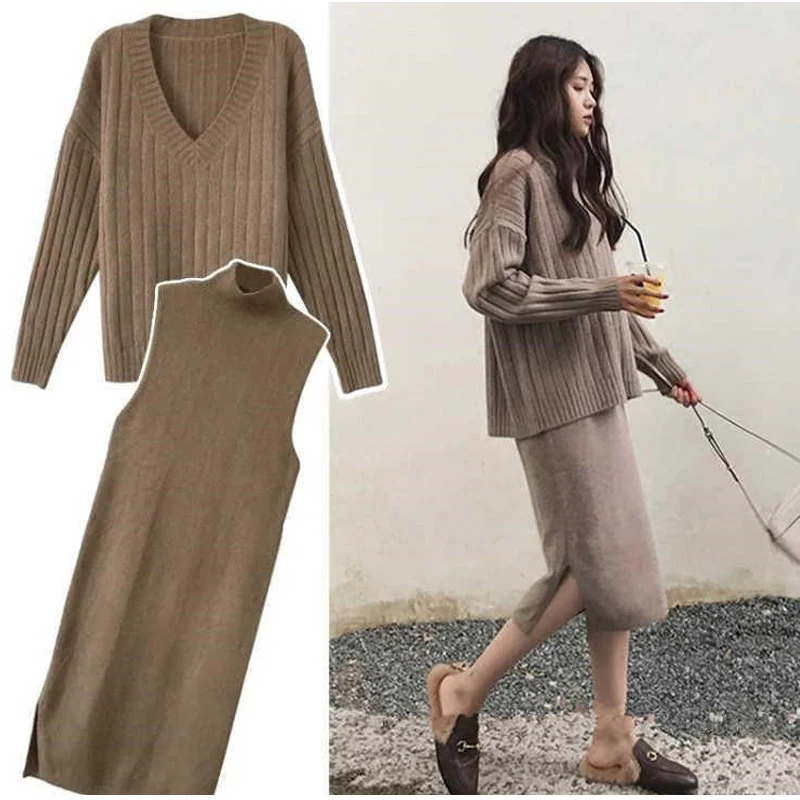 

Winter Women's Y2k Knitting Costume Turtleneck Solid Color Pullover Sweater + Slim Skirt Two-Piece Set knitted suit dress sets