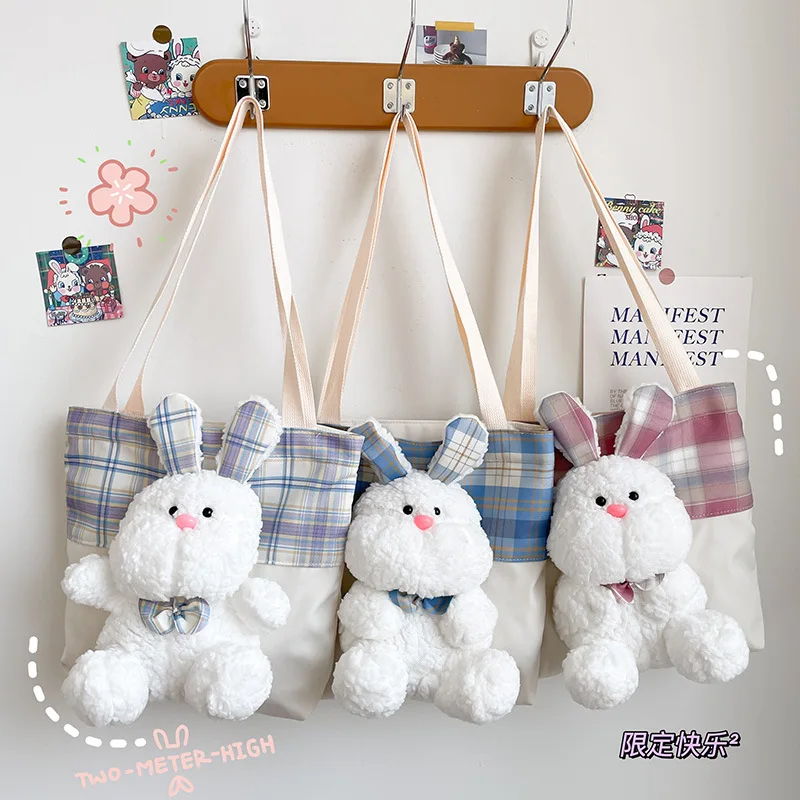 

Korean Fashion Cartoon Rabbit Canvas Plaid Bag Female2021 New Japanese Style Small Fresh and Cute Doll Shoulder Bag