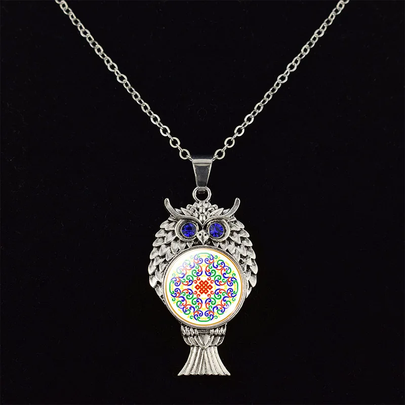 Мандала мистический дизайн Сова ожерелье Мода узор бижутерия со стеклянными