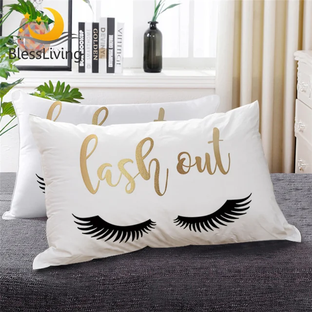 BlessLiving Golden Stylish Down Alternative Bed Pillow Lips Eyelash Black White Bedding Love Letters Print Sleeping Pillows 1