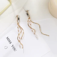 new style personality cz crystal simulation pearl earring fashion girl twist long tassel drop earring charm lady party jewelry
