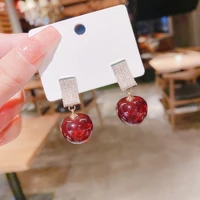 personality wine red cherry earrings female new fashion statement micro pave jewelry pendientes