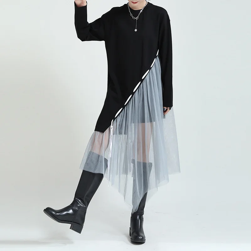 

SuperAen 2021 осенние Лоскутные сетчатые Нерегулярные платья с круглым вырезом до середины икры трапециевидной формы для женщин