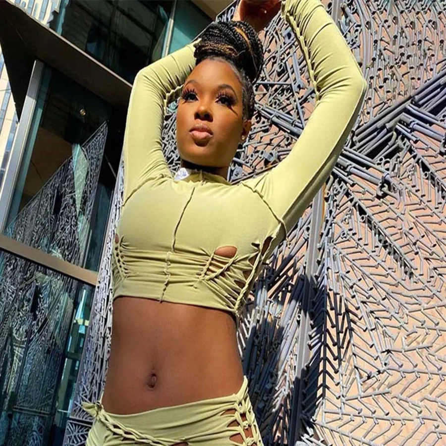 

Y2K 2021 Summer Short Top Solid Color Long-Sleeved T-Shirt Hollow Round Neck Slim For Sexy Women Party Night Clubwear
