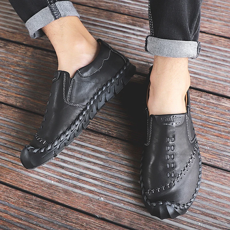 Мокасины мужские из натуральной кожи туфли с круглым носком лоферы повседневная