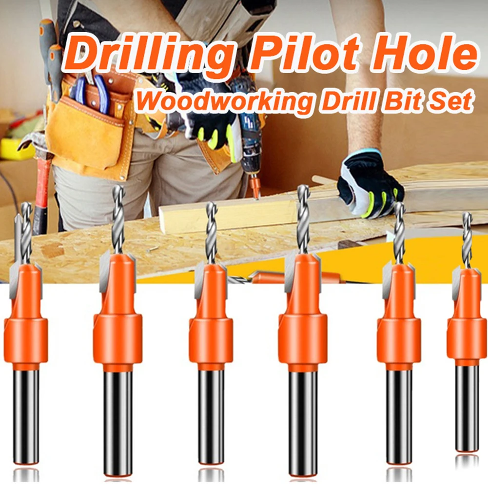 

6pcs Wood Working Round Shank Home Countersink Timber Drill Bit Set Hole DIY Tool Chamfer Alloy Quick Change With Hex Key Wrench