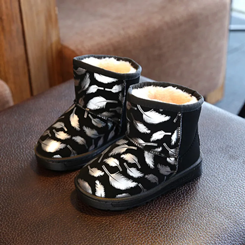 Серебристый Детские зимние ботинки унисекс; Новинка года; зимние короткие ботинки с принтом перьев для мальчиков и девочек; Водонепроницаемая Обувь из искусственной кожи; B10161 - Цвет: Серебристый