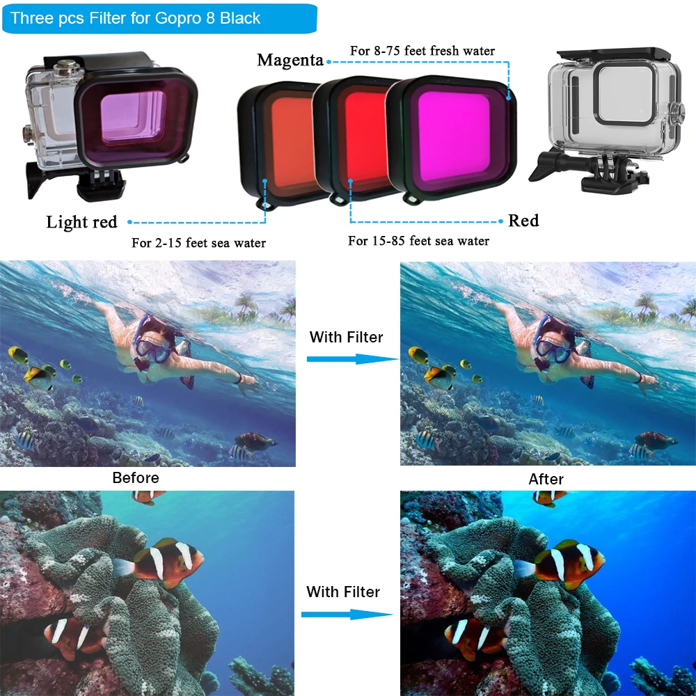 Аксессуары husiway комплект для Gopro Hero 8 черный водонепроницаемый корпус силиконовый чехол Набор фильтров для Gopro8 Hero8
