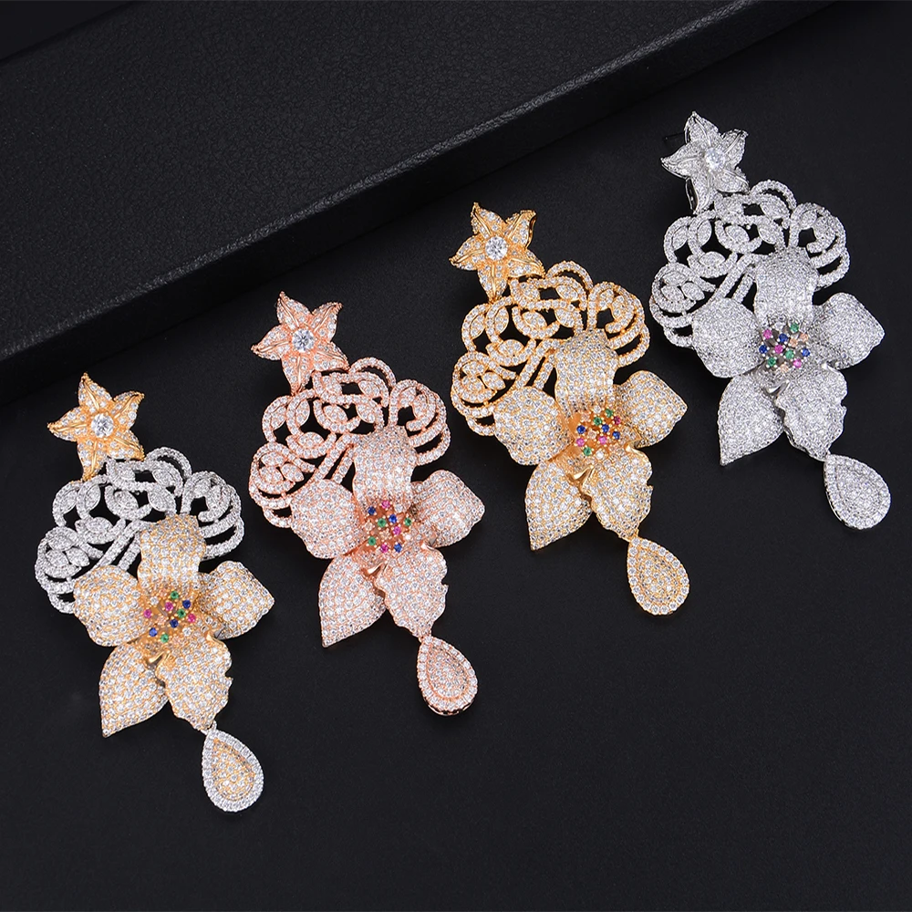 

KellyBola 80MM Vivid Flower Pierced Big Flower Shape Drop Full Cubic Zirconia Dangle Earings Women Wedding Bridal Jewelry