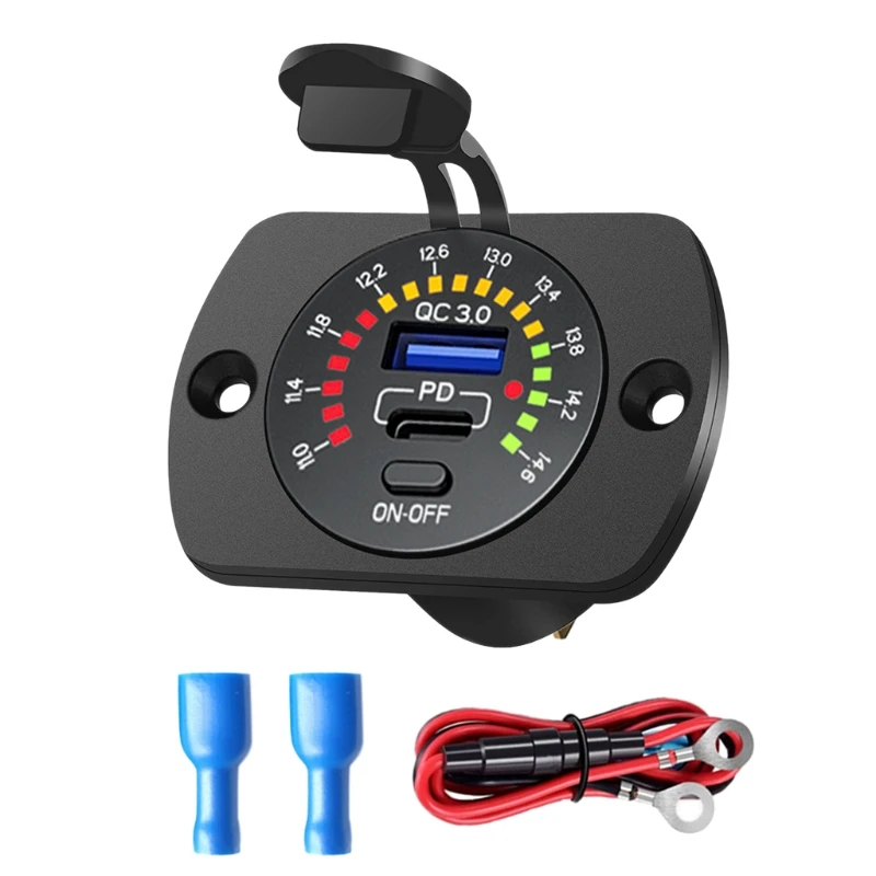 

Quick Charge 3.0 Dual USB Car Charger Socket w/ Colorful Voltmeter & ON/Off Switch, 12V USB Outlet for Car Marine Boat M4YD
