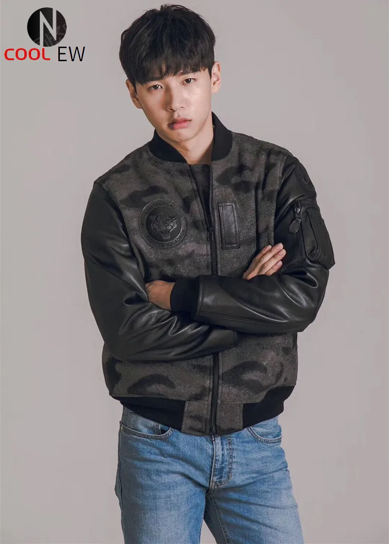 

Free Shipping,2020 quality Woollen cloth flight jacket.mens spring soft warm outwear.fashion classic casual leather coat.