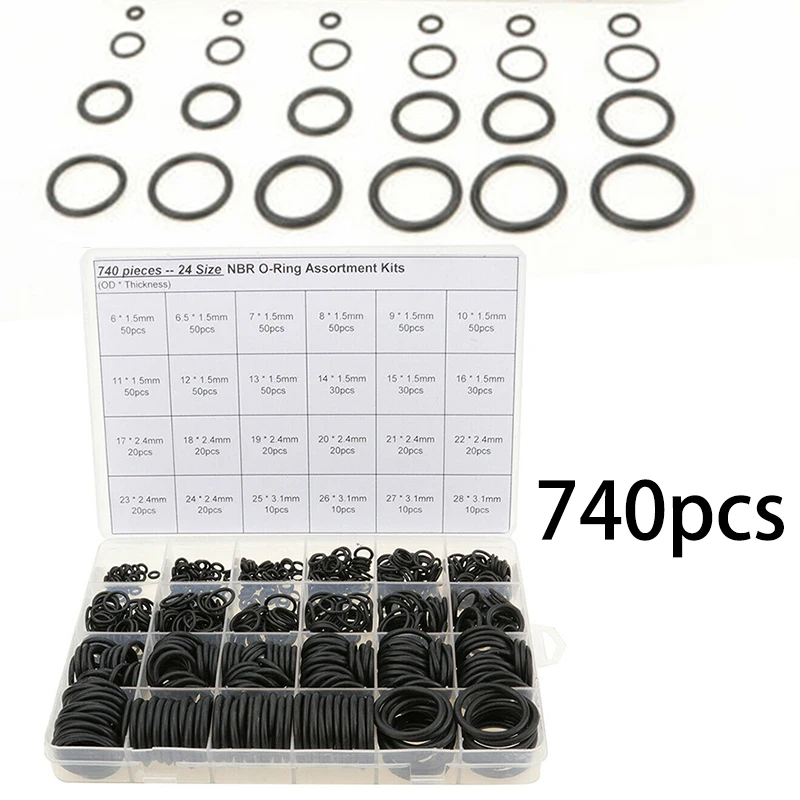 

740Pcs O Rings Rubber Silicone O Ring Gasket Seal NBR Sealing O-rings Nitrile Washer Rubber O-ring Assortment Kit Box Ring Set