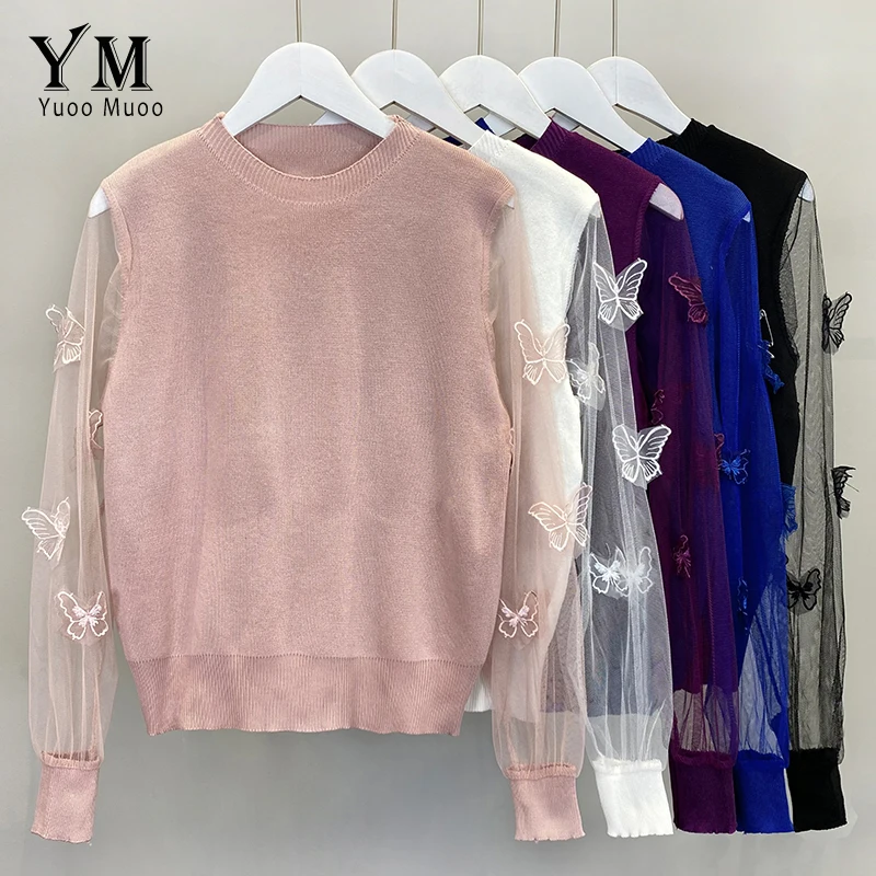 

YuooMuoo Korean Fashion Butterfly Mesh Long Sleeve Knitted Sweaters Women Casual Pullover Shirts Spring Autumn Ladies Jumpers