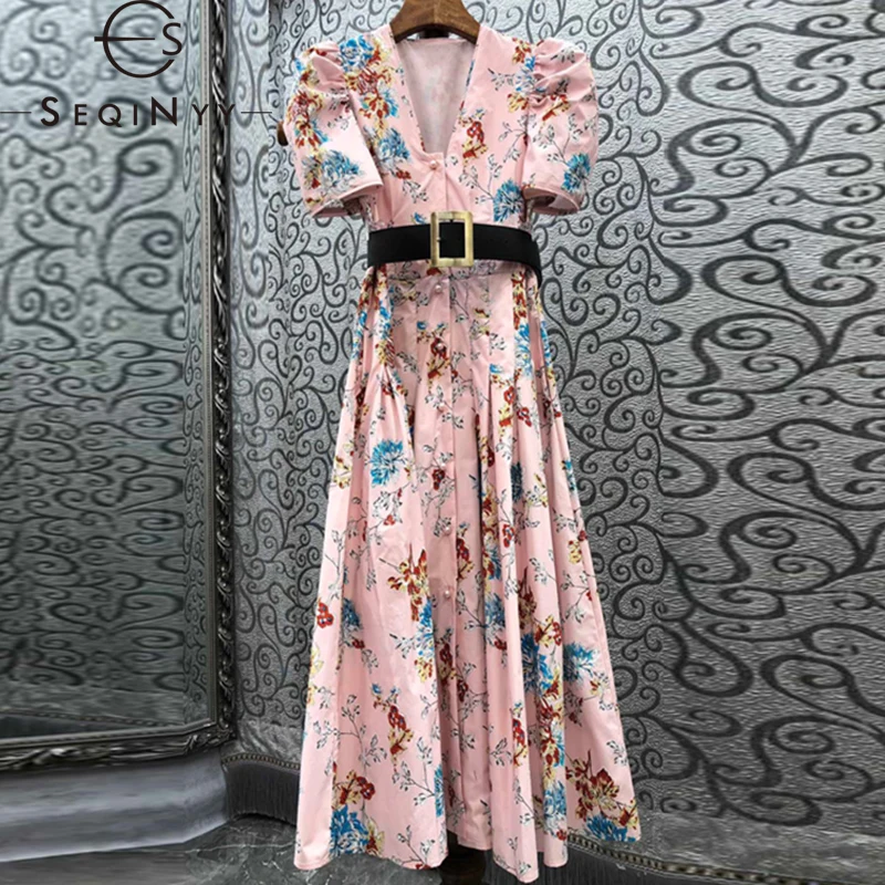 SEQINYY 100% Cotton Midi Dress Summer Spring New Fashion Design High Quality Puff Sleeve Button Vintage Flowers Print Belt