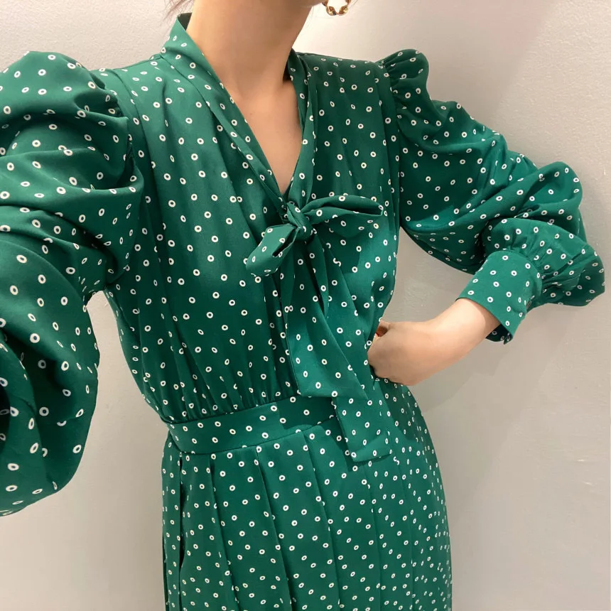 

Alien Kitty Polka Dots V-Neck Puff Sleeves 2021 Gentle All Match Fashion Sweet Streetwear Loose Chic Sexy Long Dresses Vestidos