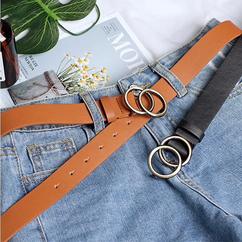 Женские ремни с двойной круглой пряжкой модные золотистые кожаные высокого
