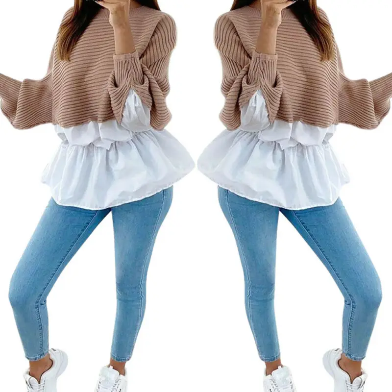 

Meihuida Women Casual Batwing Long Sleeve Patchwork Loose Oversized Shirts Pullover Soft Warm Sweaters