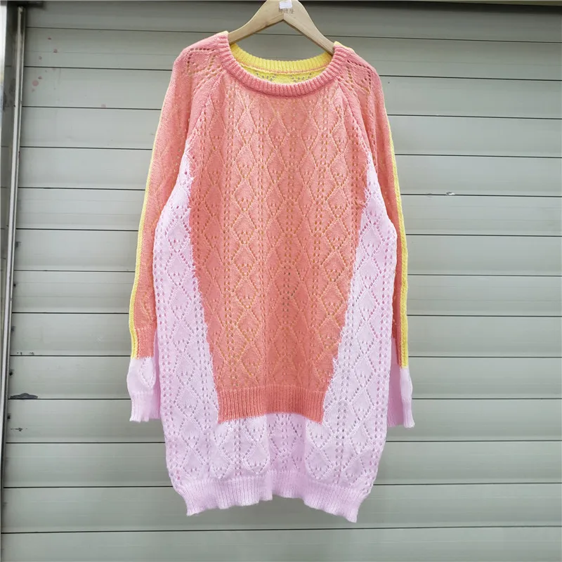 

Long Sweater Women Orange Pink Color-Block Crew Neck Knitwear 2021 Autumn New Loose Casual Pullovers Lady Outfits