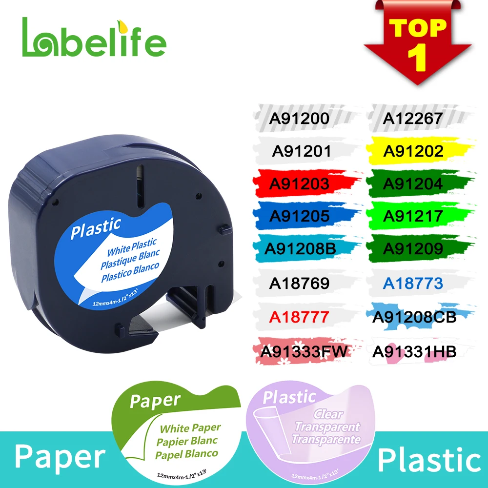 Labelife 91201 12267 91200 Compatible for DYMO LetraTag Label Tapes Black on White 16951 91203 Plastic Tape for LT-100H LT-100T