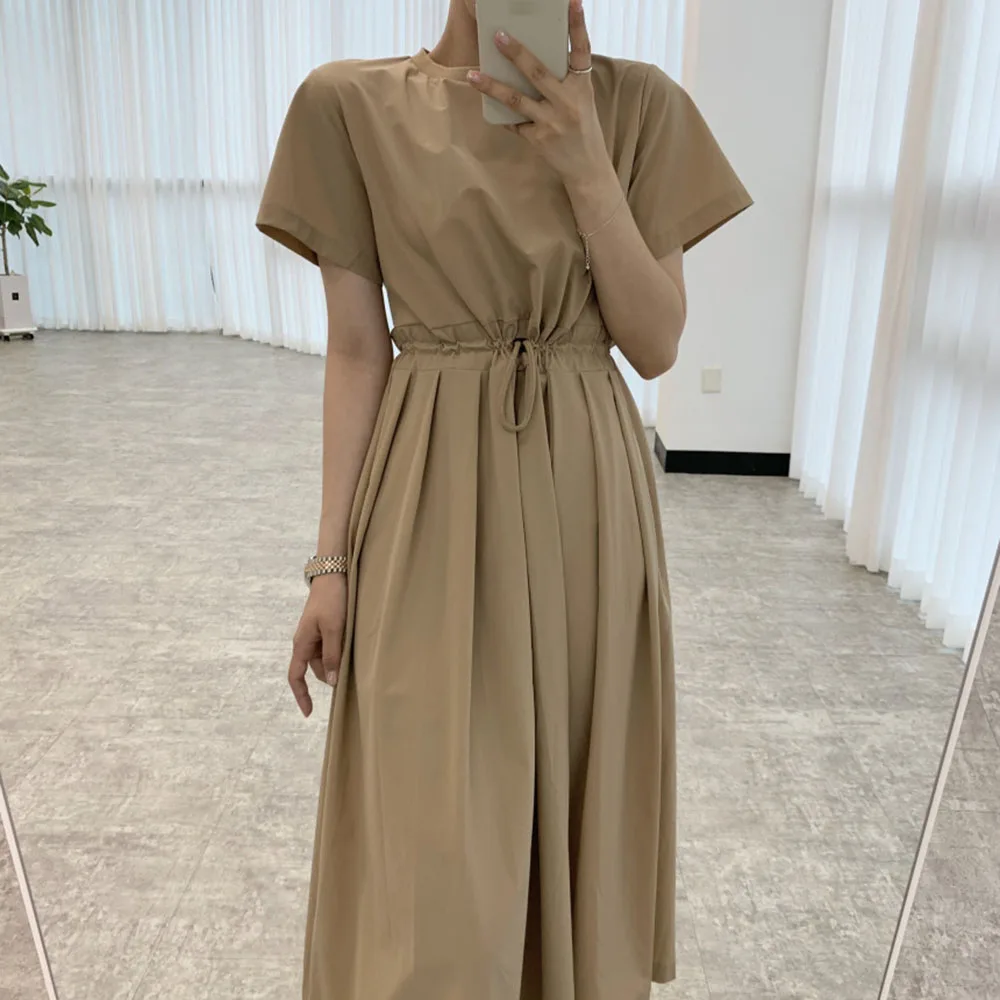 

Japanese Korean Version Women's Dress Fashion Draw Back Casual Temperament Simple Elegant Round Neck Summer