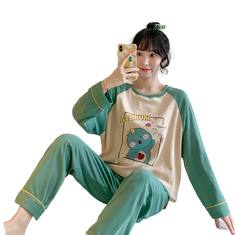 

LAutumn Long-sleeved Women's Pajamas Set, Knitted Combed Cotton Sweet Comfortable Home Wear, Two-piece Pajamas with Lapel Collar