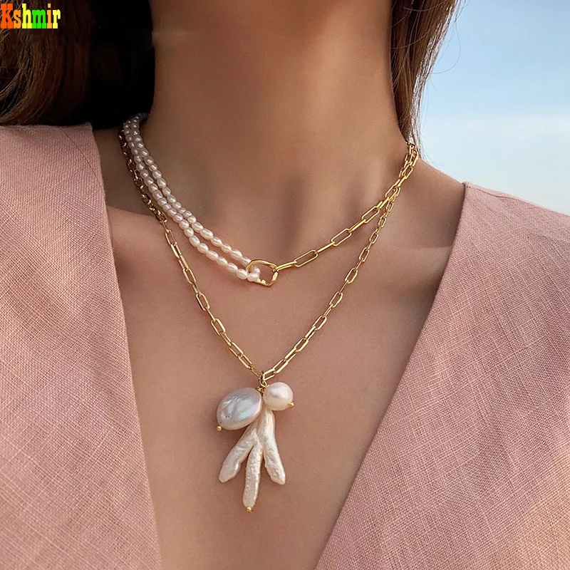 

Kshmir Freshwater Pearl Necklace Exquisite Gold Chain Necklace Mixed Natural with Round Coin Baroque Pearl Necklace, Female