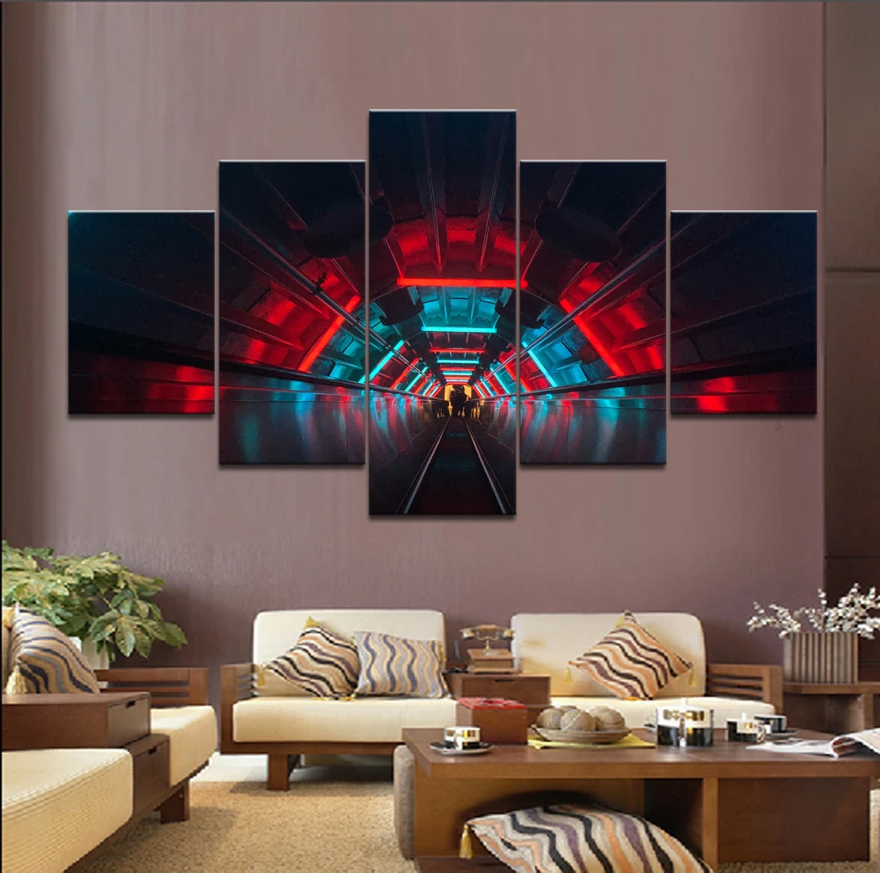 Home Decor Modular Poster 5 Panel escalator tunnel dark neon Painting Modern Canvas Print Pictures Wall Art Frame | Дом и сад