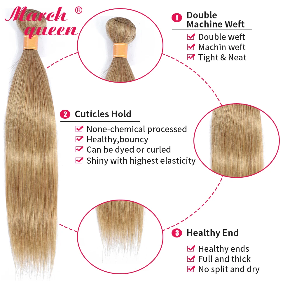 March Queen Malaysian Hair 3 Bundles With 4x4 Lace Closure 150% Straight #27 Honey Blonde Human Weave Double Weft Non-Remy | Шиньоны и