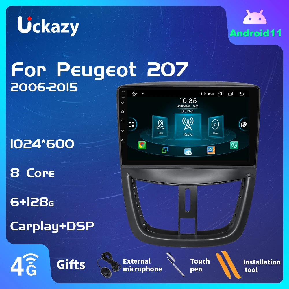 Uckazy 2 Din Android 11 Car Stereo Multimedia Player For PEUGEOT 207 2006-2015 GPS Radio Video DVD Navigation Audio Head unit Carplay IPS DSP RDS 8