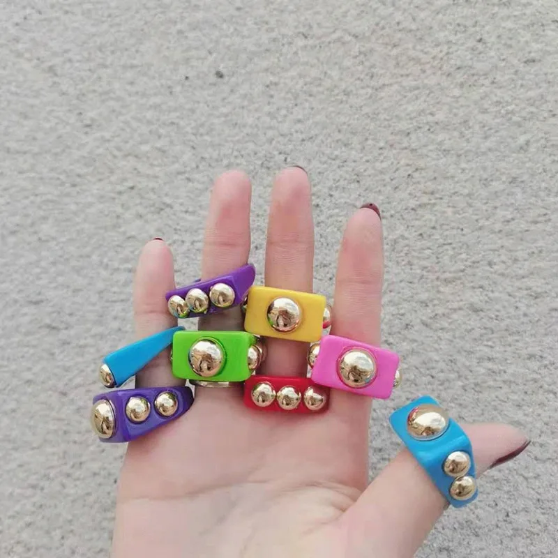 

Colorful Geometric Resin Acrylic Square Rings For Women Golden Bead Ring Party Jewelry Gifts