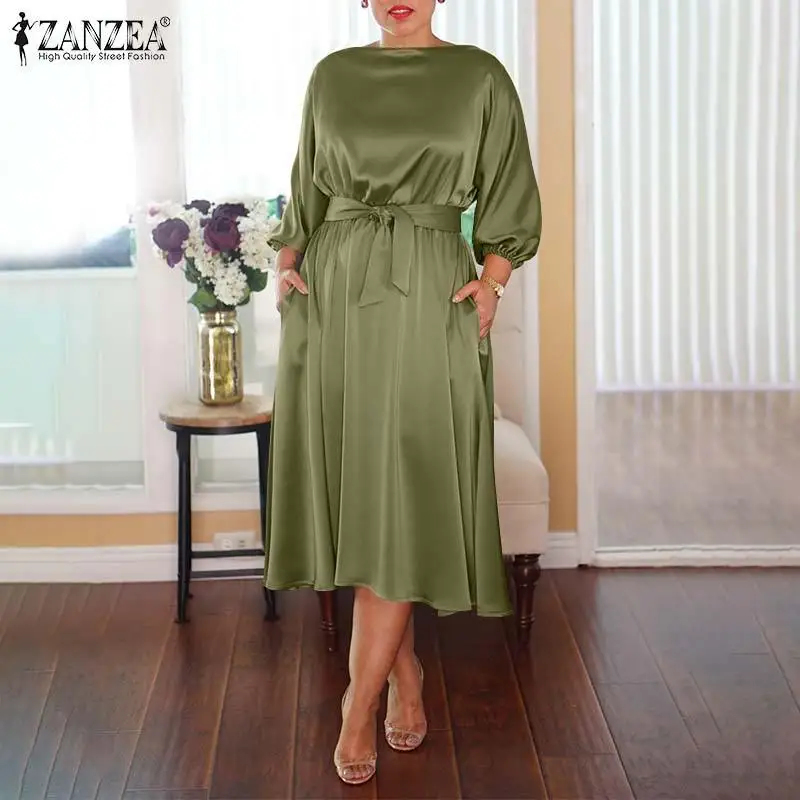 

Платье ZANZEA женское атласное средней длины, однотонное элегантное модное вечернее, с открытой спиной и круглым вырезом, осень 2022