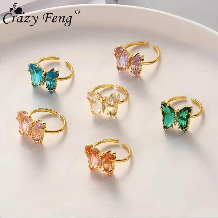 Модное кольцо с прозрачной стеклянной бабочкой регулируемое богемное