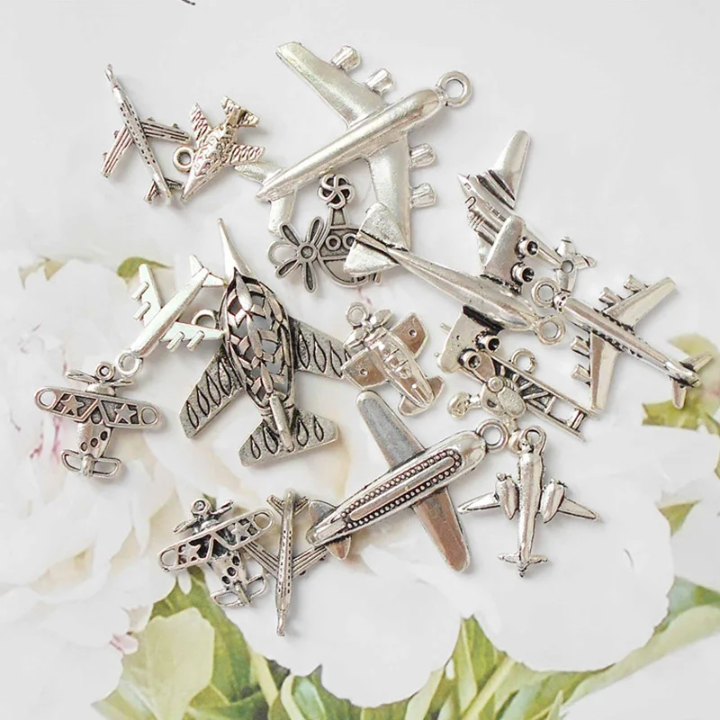 

12pcs Airplane Charms Mix Aircraft Plane Aeroplane Helicopter Necklace Pendant Bracelet Silver Color Alloy Jewelry Accessory