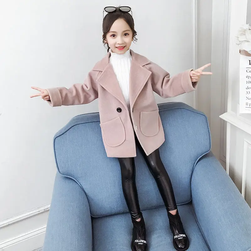Girls autumn new autumn dress woolen coat girls long-sleeved clothes in the big children's long trendy coat - Цвет: Розовый