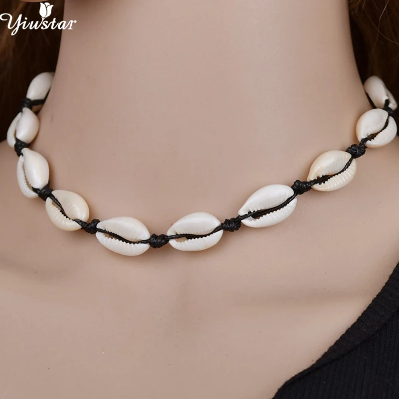 Чокер Yiustar женский из черной веревочной цепи в стиле бохо ожерелье ракушек океана