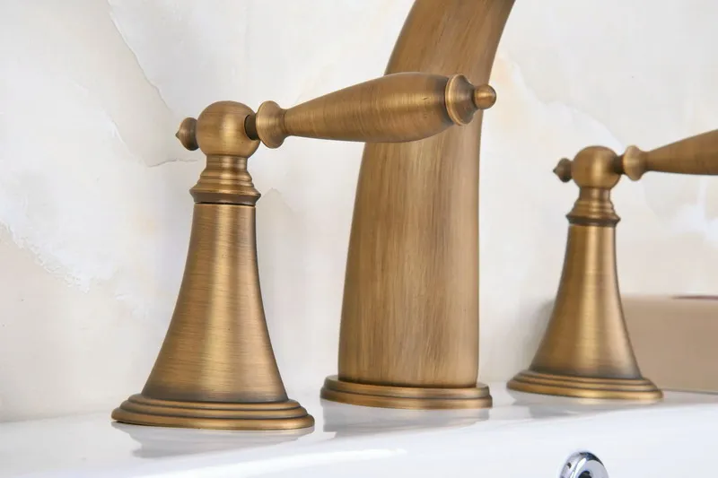 Vintage Retro Antique Brass Deck Mounted Dual Handles Widespread Bathroom 3 Holes Basin Faucet Mixer Water Taps man081 | Обустройство