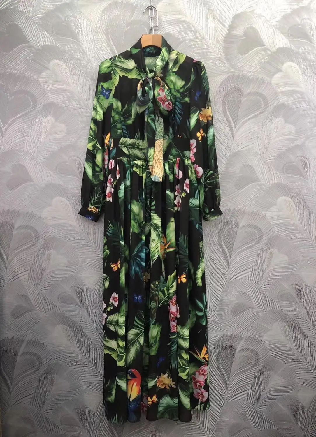 Подиум макси женские с длинным рукавом Лук Воротник Винтаж цветочный принт шифон