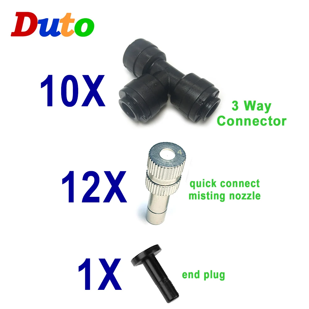 

DIY misting kits include 12pcs quick connect nozzle kit 10pcs 3way connector 1pcs end plug for gazebo misting cooling system