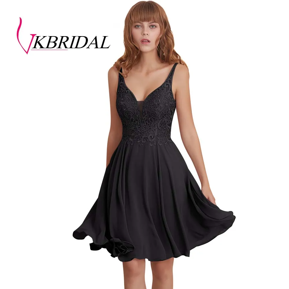 Черный VKBRIDAL сексуальные короткие платья для выпускного вечера с открытой спиной шифоновые аппликационные кружева с бисером милые платья для выпускного вечера - Цвет: Черный