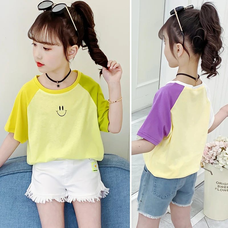 

Children Patchwork Round Neck T-shirts For Girls Clothing Summer Short Sleeve Tees For Kids Tops Casual Baby Tee shirts 2 6 8 12