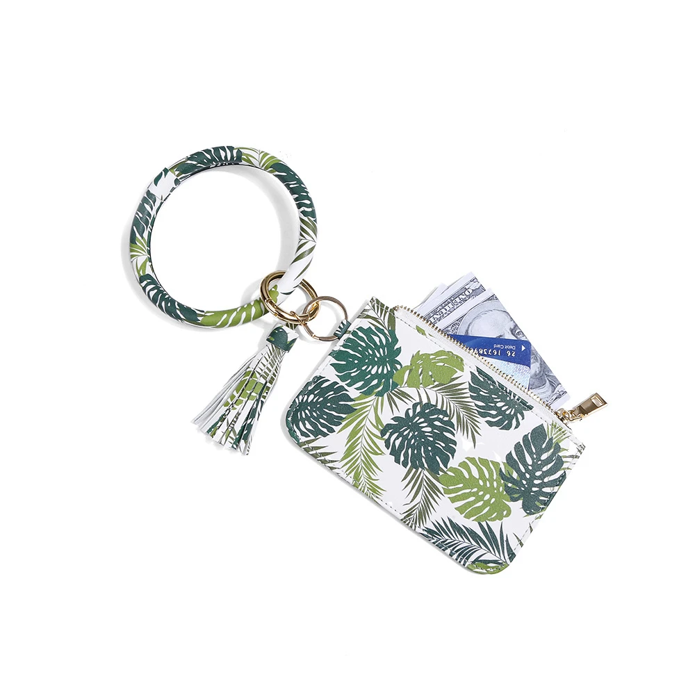 

Fashion Woman's Wallet Key Chain Wristband Key Ring Leopard Bangle Keychain With Card Holder And Tassel PU Leather Bracelet