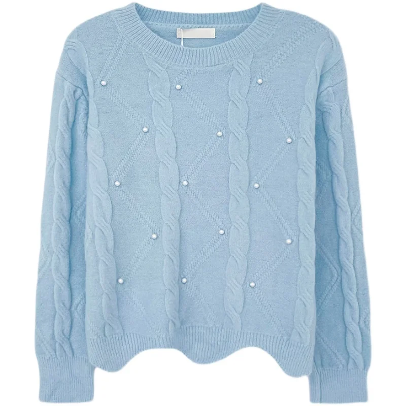 

Blue Twist Beading Design Loose Round Neck Long Sleeve Knitted Sweater