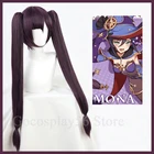 Genshin Impact косплей парик Мона длинные прямые двойные хвосты челка темно-фиолетовые термостойкие волосы для взрослых для ролевых игр на Хэллоуин