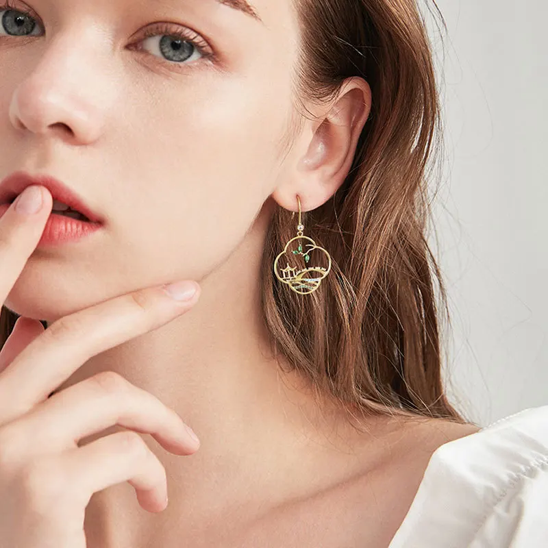 

New S925 silver ear hook Qiongtai jade pavilion small bridge water earrings restore ancient ways temperament eardrop