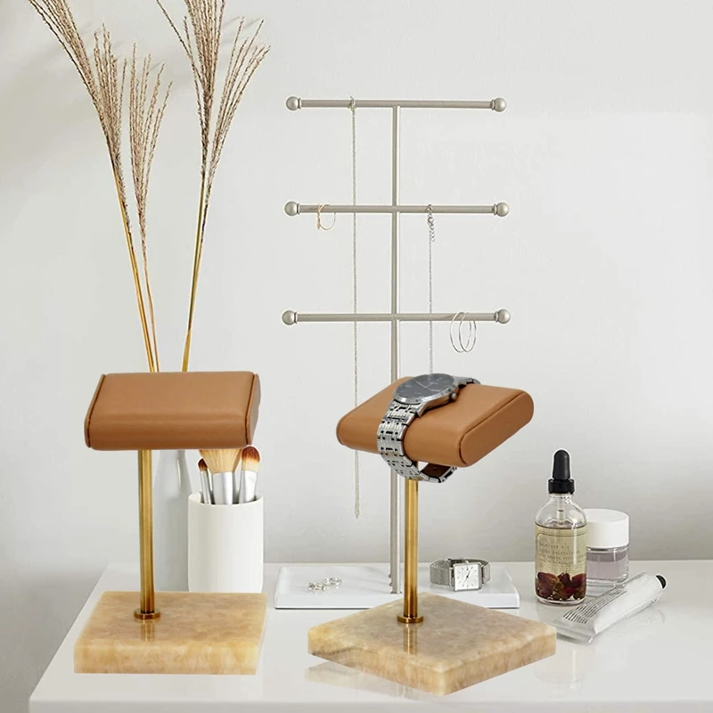 

Natural Marble Beige Base Leather Watch Storage Rack Gold Metal Support Bar Display Rack, Jewelry Display Shoot Props