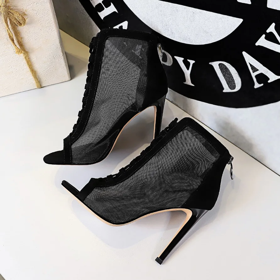 

2020 new summer women shoes fine heel high-heeled mesh hollow cross straps fish mouth sexy nightclub was thin female cool boots