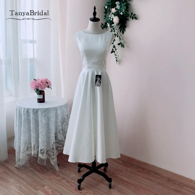 

ТРАПЕЦИЕВИДНОЕ свадебное платье макси, Короткое атласное свадебное платье до середины икры без рукавов, vestido de noiva X197