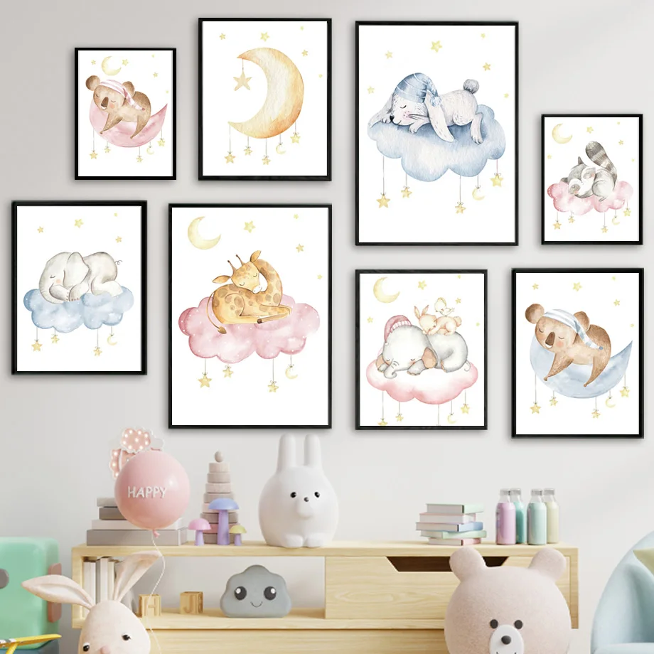 

Rabbit Koala Elephant Deer Raccoon Cloud Moon Wall Painting Wall Art Canvas Painting Nordic Posters and Prints Kid's Room Decor