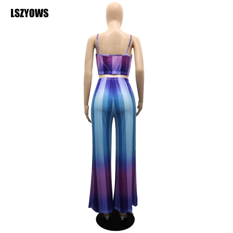 

Casual 2 Pieces Sets Women Striped Print Spaghetti Strap Crop Tops High Waist Wide Leg Pants Two Piece Outfits Summer Streetwear